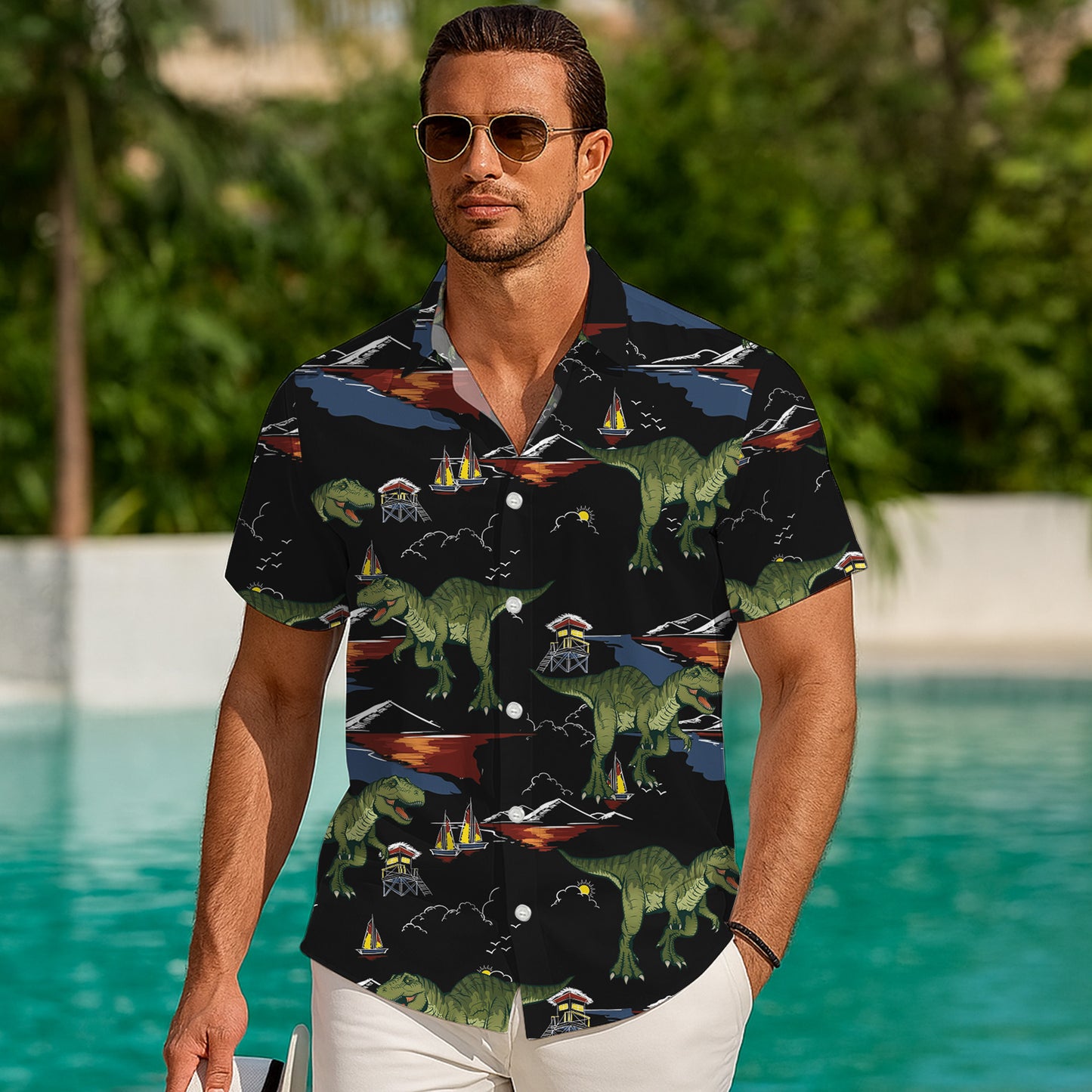 Vintage Sunset Dinosaur & Ocean Pattern Hawaiian Shirt Men Women Casual Aloha