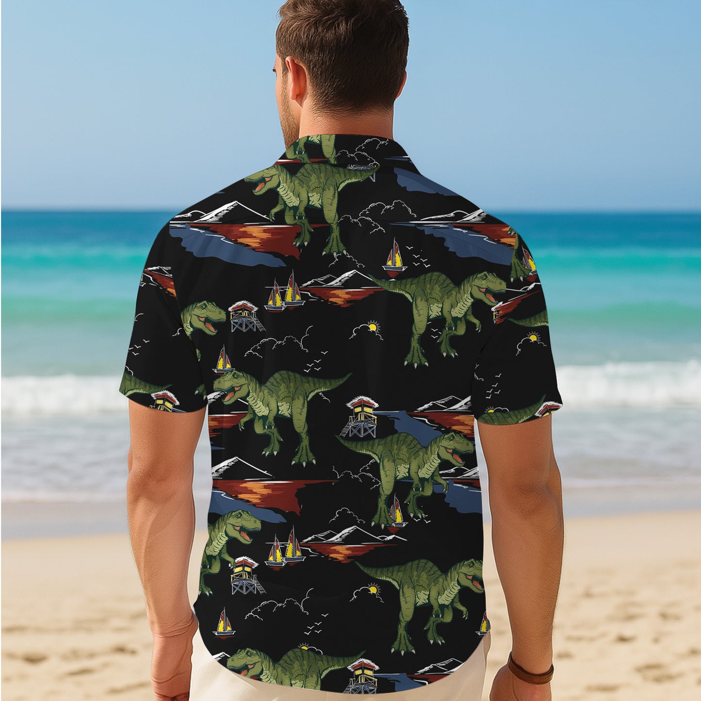 Vintage Sunset Dinosaur & Ocean Pattern Hawaiian Shirt Men Women Casual Aloha