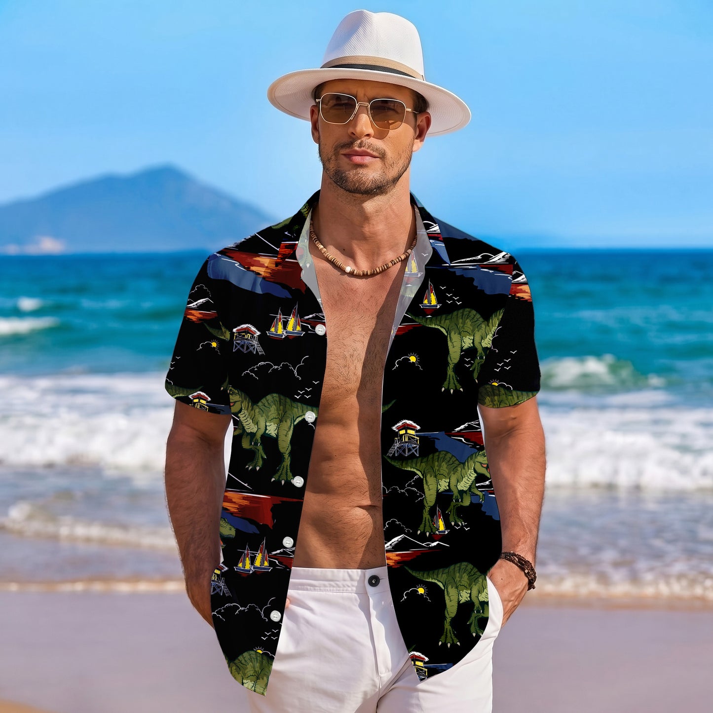 Vintage Sunset Dinosaur & Ocean Pattern Hawaiian Shirt Men Women Casual Aloha
