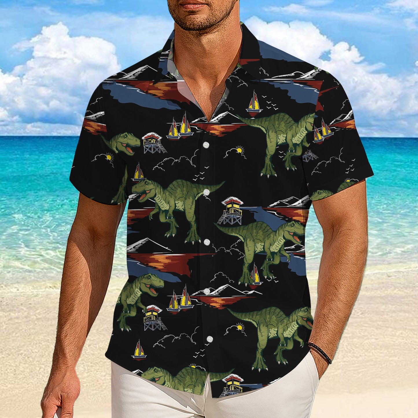Vintage Sunset Dinosaur & Ocean Pattern Hawaiian Shirt Men Women Casual Aloha
