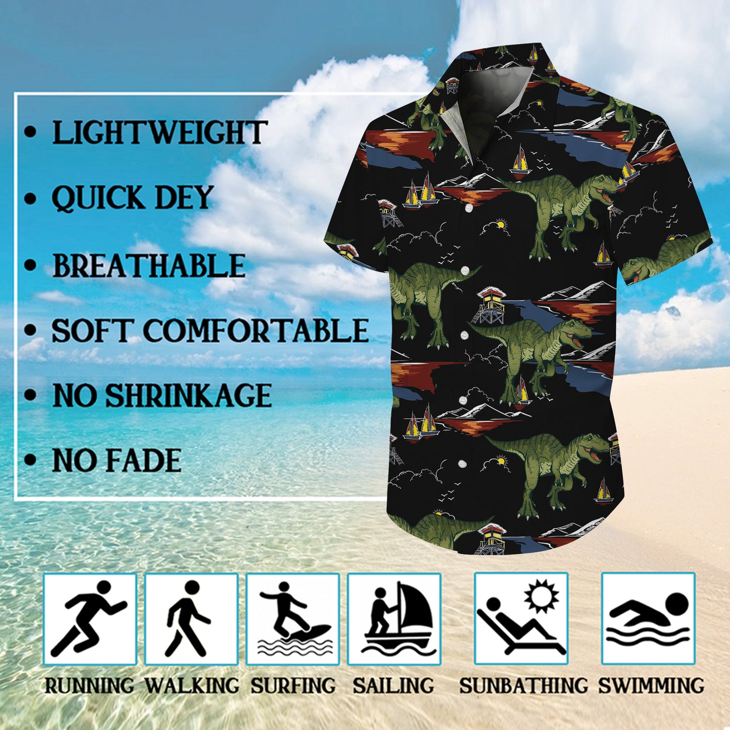 Vintage Sunset Dinosaur & Ocean Pattern Hawaiian Shirt Men Women Casual Aloha