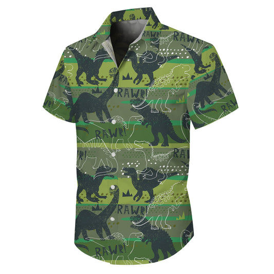 RAWR Dinosaur Green Camo Typography Pattern Hawaiian Shirt Men Women Aloha