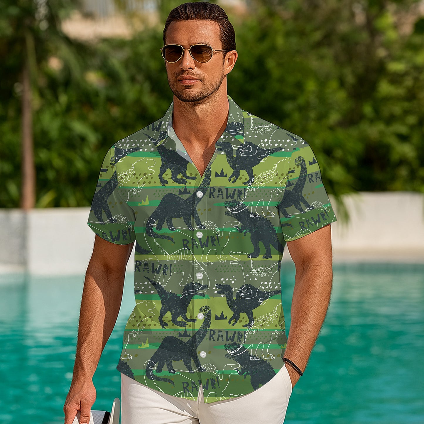 RAWR Dinosaur Green Camo Typography Pattern Hawaiian Shirt Men Women Aloha
