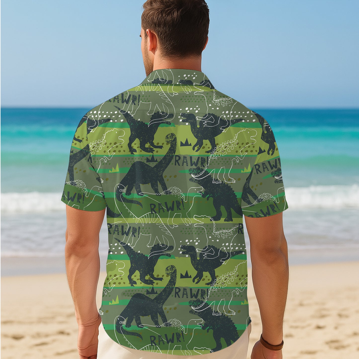 RAWR Dinosaur Green Camo Typography Pattern Hawaiian Shirt Men Women Aloha