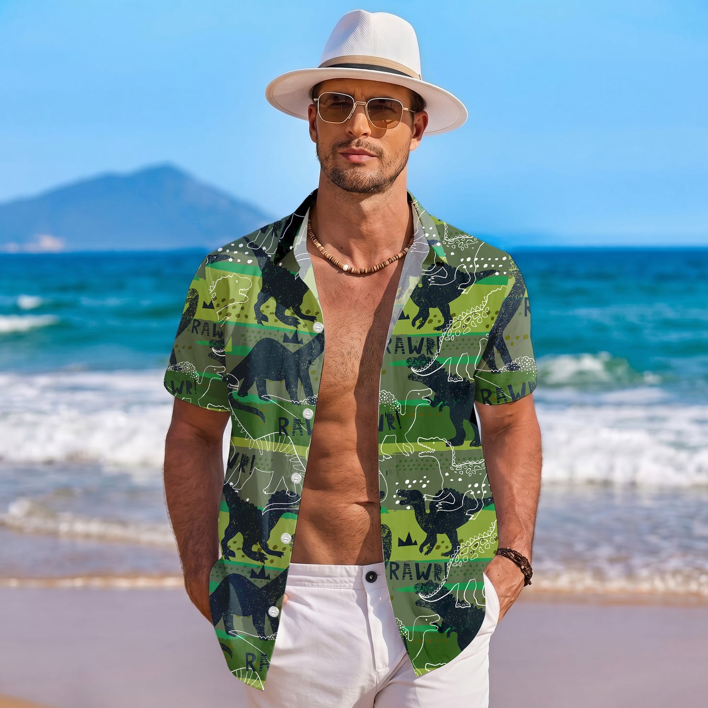 RAWR Dinosaur Green Camo Typography Pattern Hawaiian Shirt Men Women Aloha