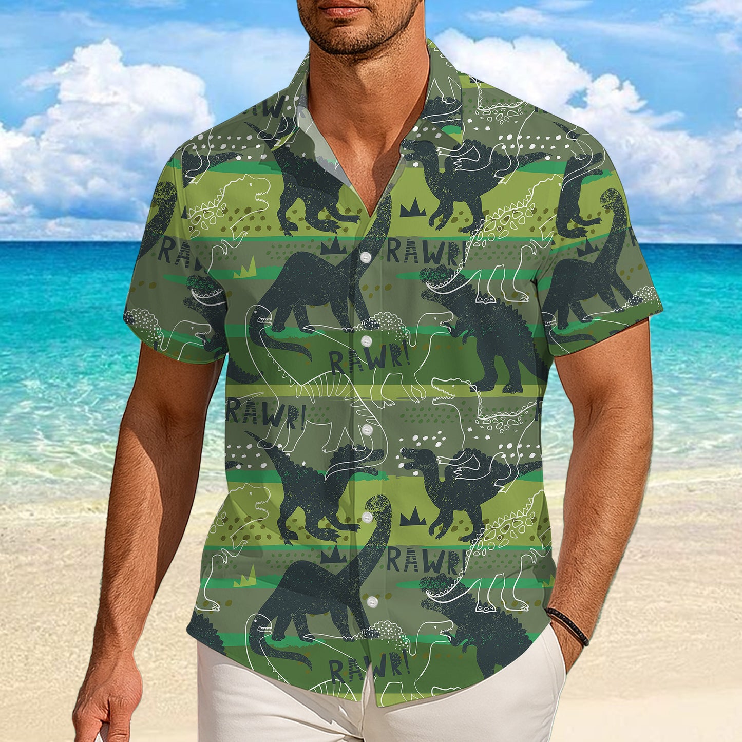 RAWR Dinosaur Green Camo Typography Pattern Hawaiian Shirt Men Women Aloha
