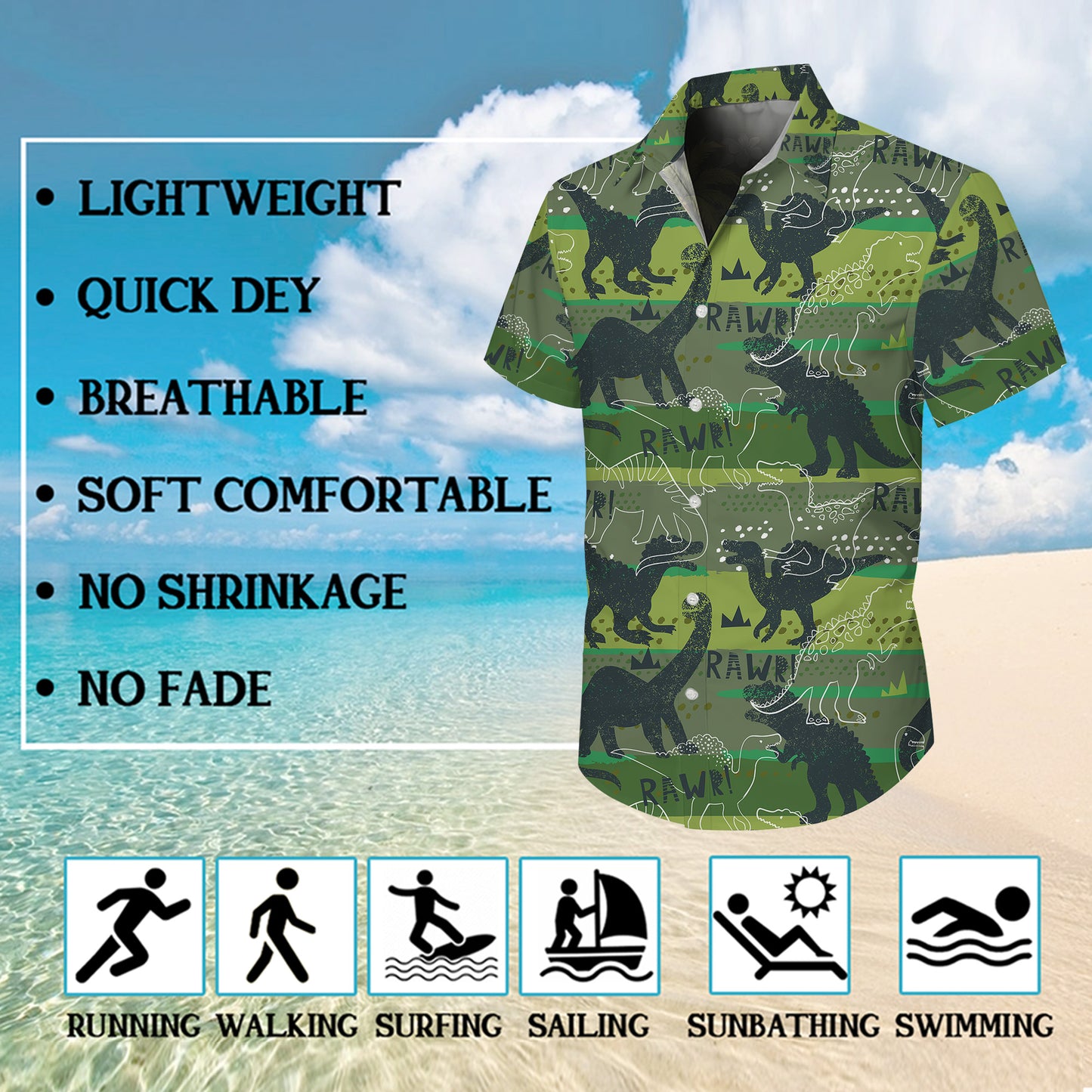 RAWR Dinosaur Green Camo Typography Pattern Hawaiian Shirt Men Women Aloha