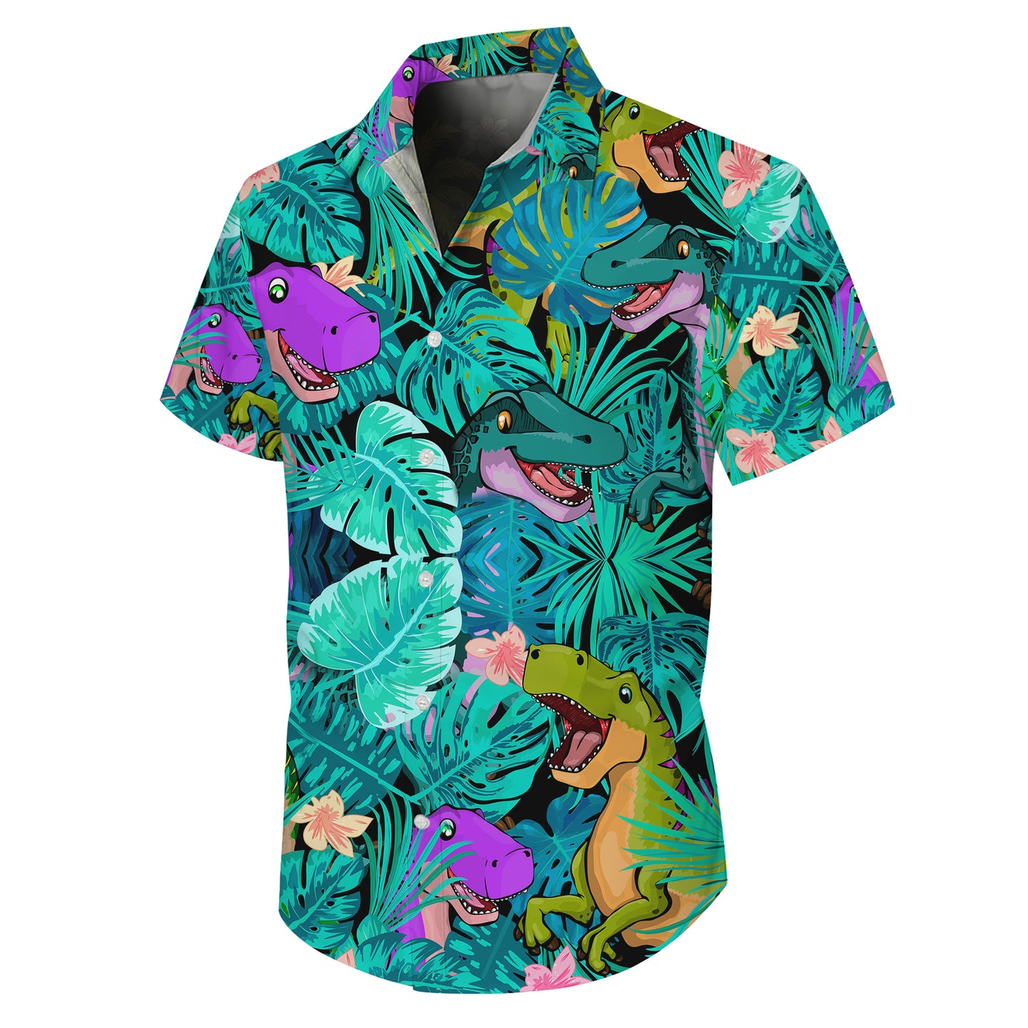 Colorful Cartoon Dinosaur & Tropical Leaves Pattern Hawaiian Shirt Men Women