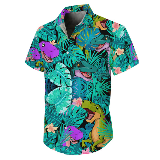 Colorful Cartoon Dinosaur & Tropical Leaves Pattern Hawaiian Shirt Men Women