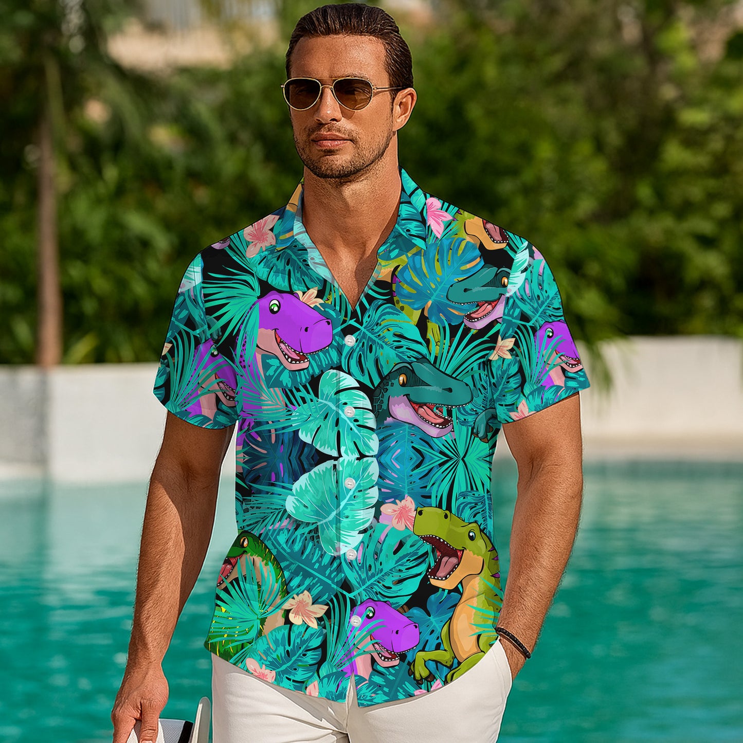 Colorful Cartoon Dinosaur & Tropical Leaves Pattern Hawaiian Shirt Men Women