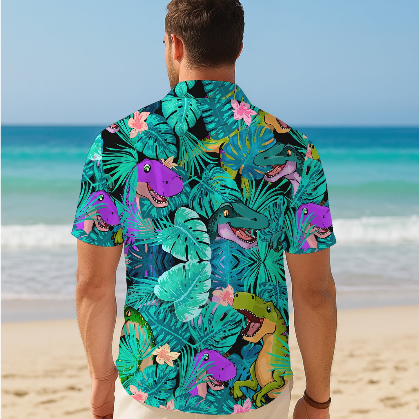 Colorful Cartoon Dinosaur & Tropical Leaves Pattern Hawaiian Shirt Men Women