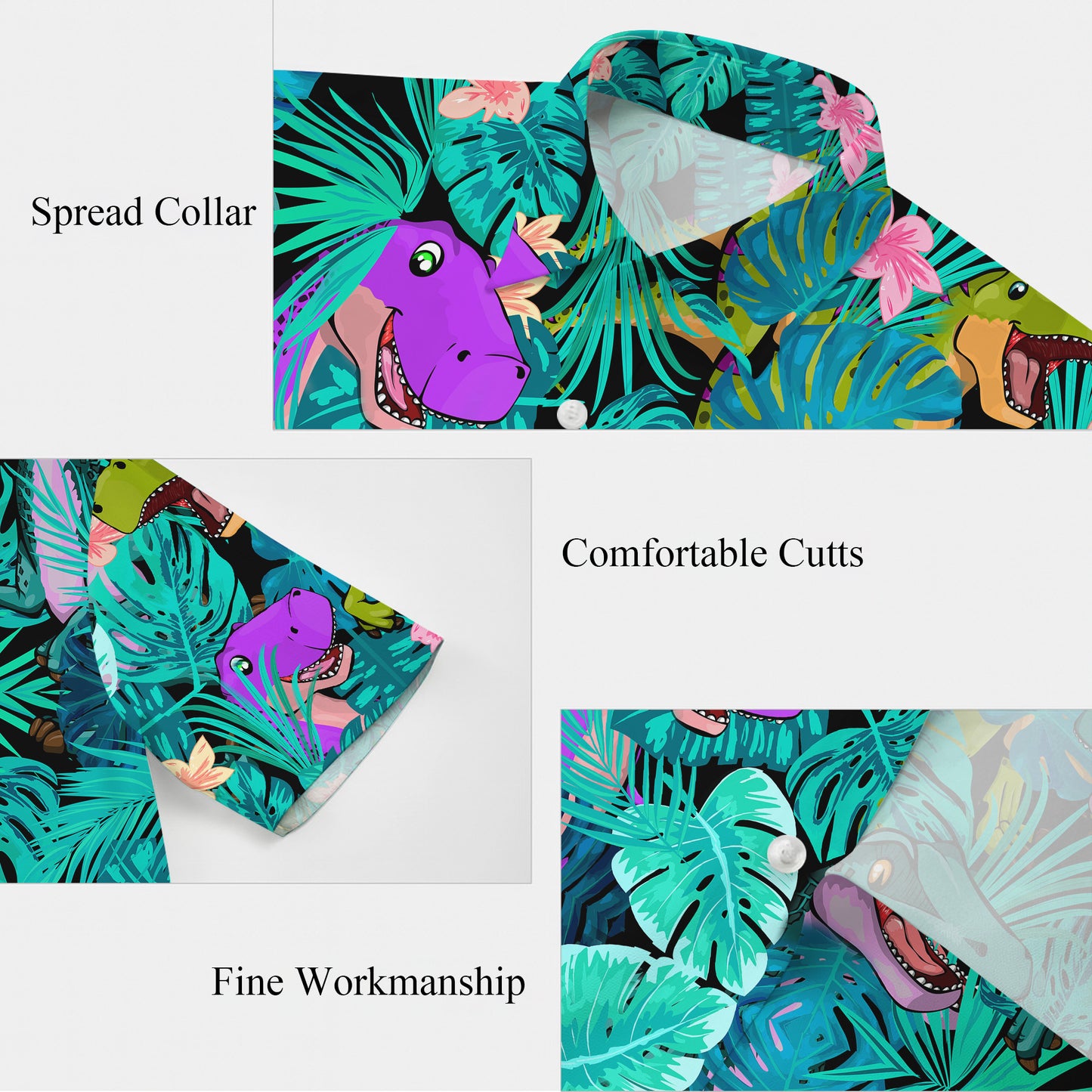 Colorful Cartoon Dinosaur & Tropical Leaves Pattern Hawaiian Shirt Men Women