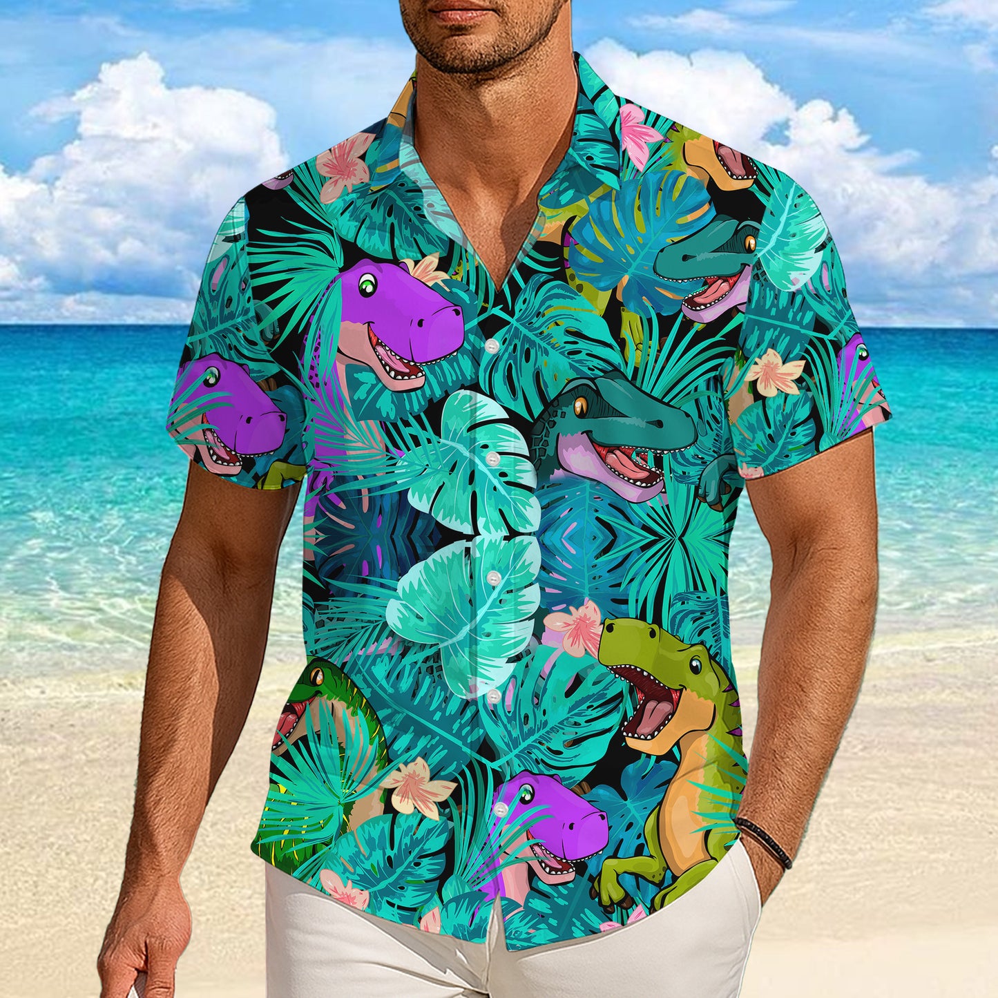 Colorful Cartoon Dinosaur & Tropical Leaves Pattern Hawaiian Shirt Men Women