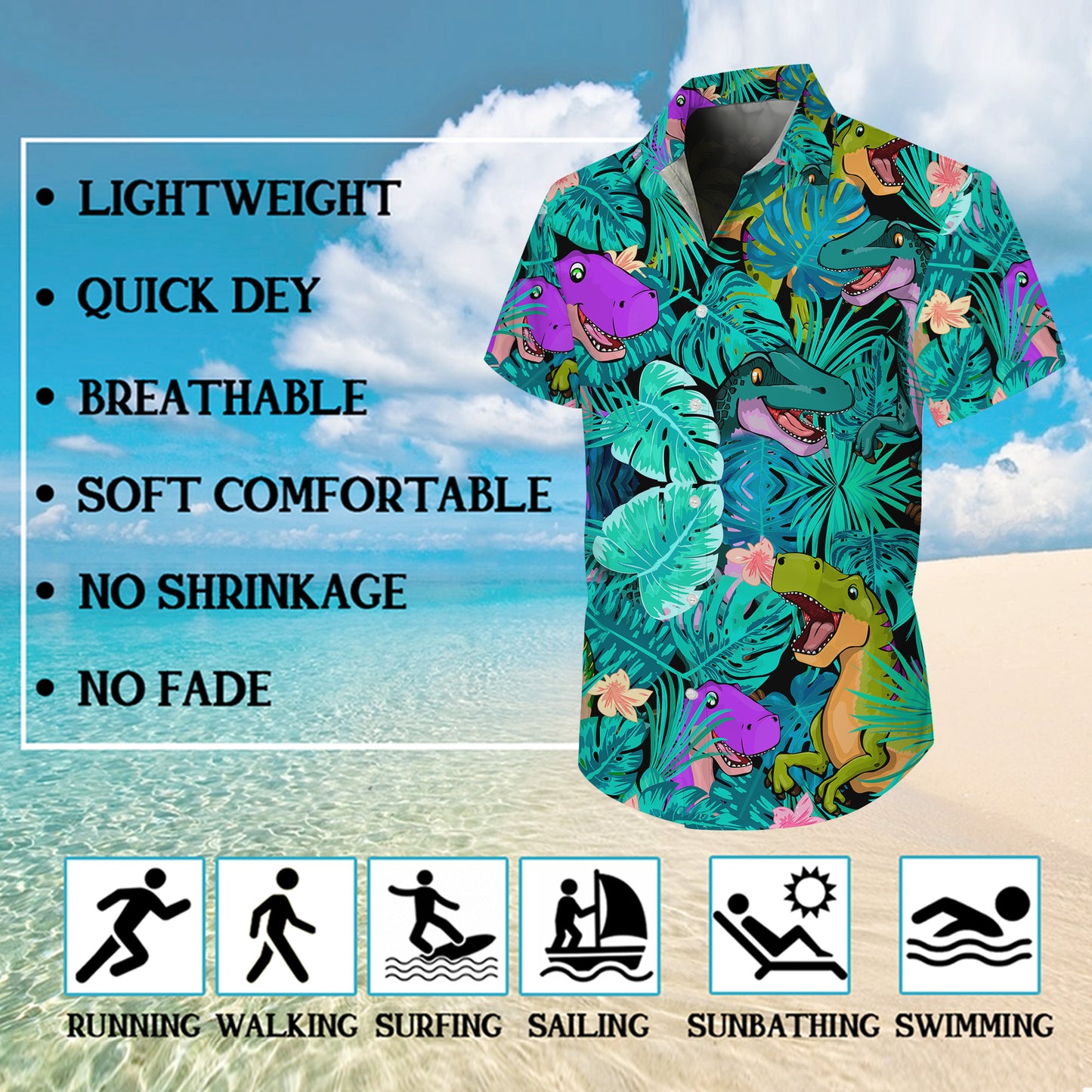 Colorful Cartoon Dinosaur & Tropical Leaves Pattern Hawaiian Shirt Men Women