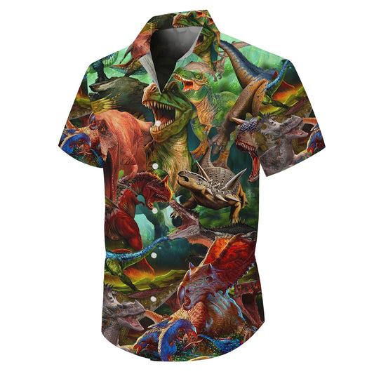 Prehistoric Dinosaur Battle & Jungle Pattern Hawaiian Shirt Men Women Aloha