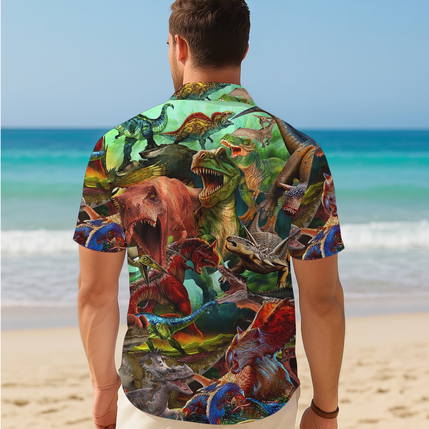 Prehistoric Dinosaur Battle & Jungle Pattern Hawaiian Shirt Men Women Aloha