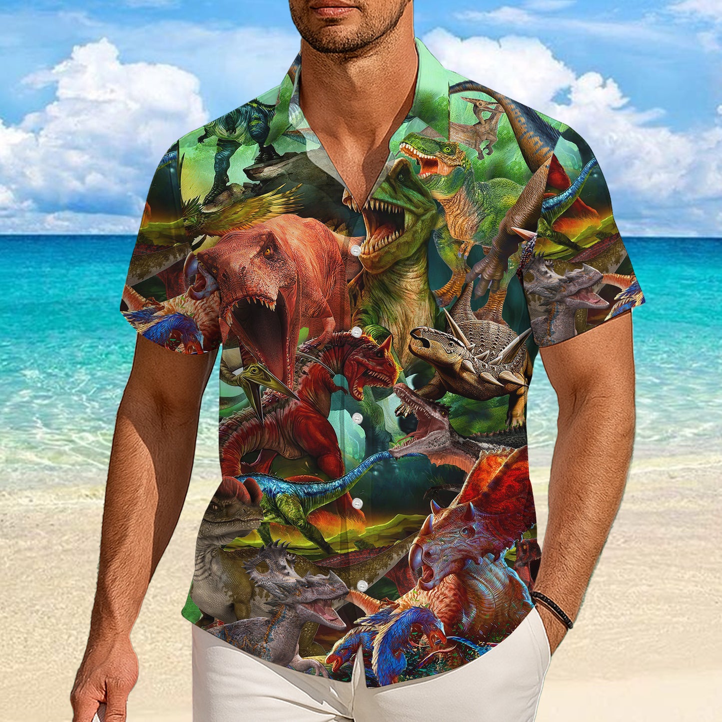 Prehistoric Dinosaur Battle & Jungle Pattern Hawaiian Shirt Men Women Aloha