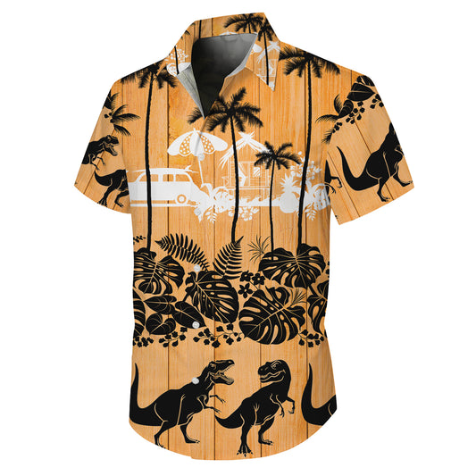 Orange Wood Dinosaur & Tropical Beach Silhouette Pattern Hawaiian Shirt Men