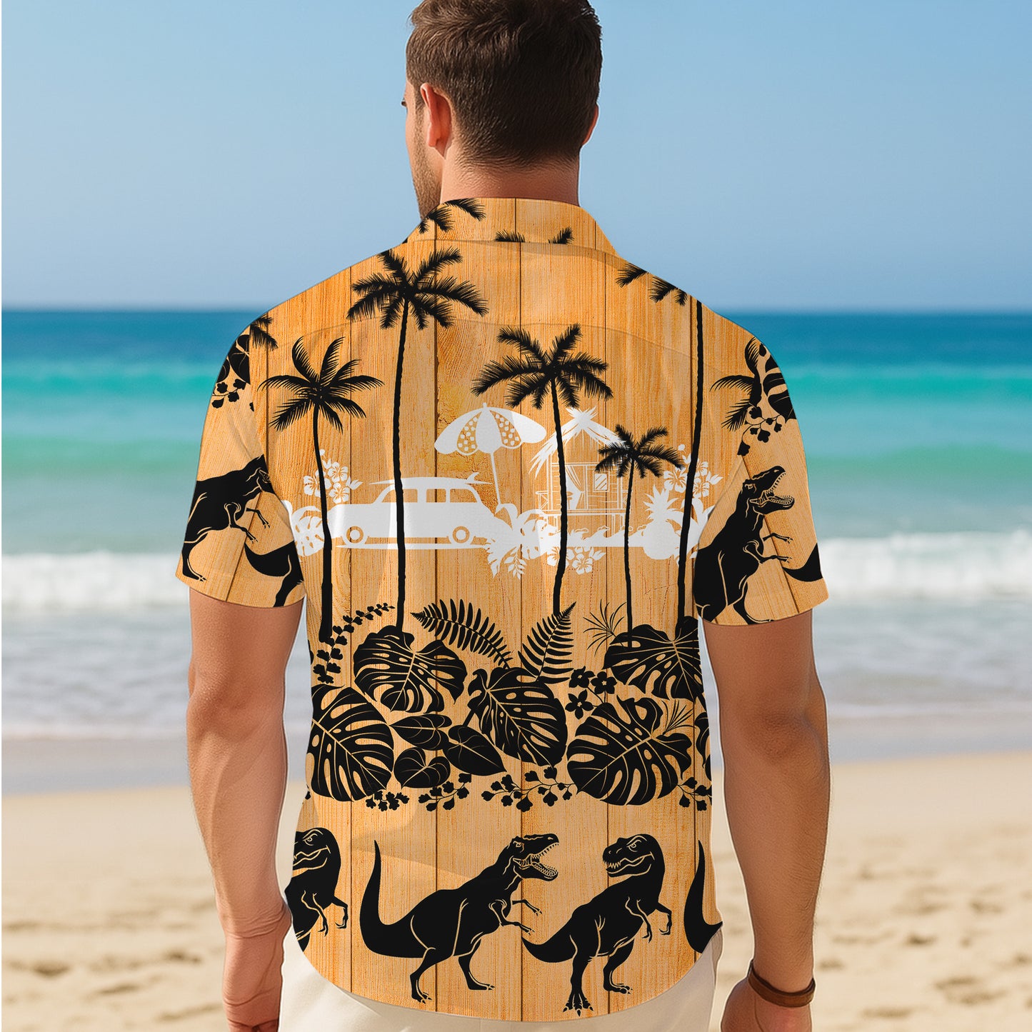 Orange Wood Dinosaur & Tropical Beach Silhouette Pattern Hawaiian Shirt Men
