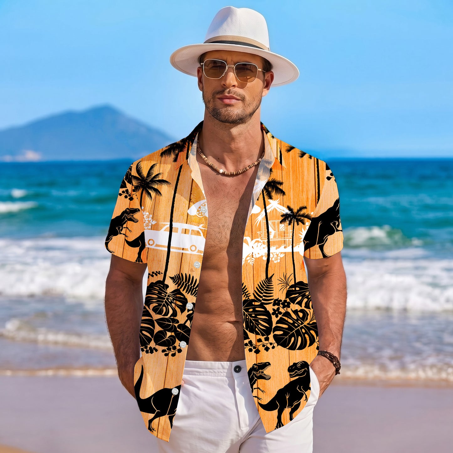 Orange Wood Dinosaur & Tropical Beach Silhouette Pattern Hawaiian Shirt Men