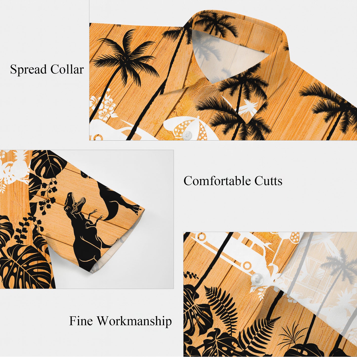 Orange Wood Dinosaur & Tropical Beach Silhouette Pattern Hawaiian Shirt Men