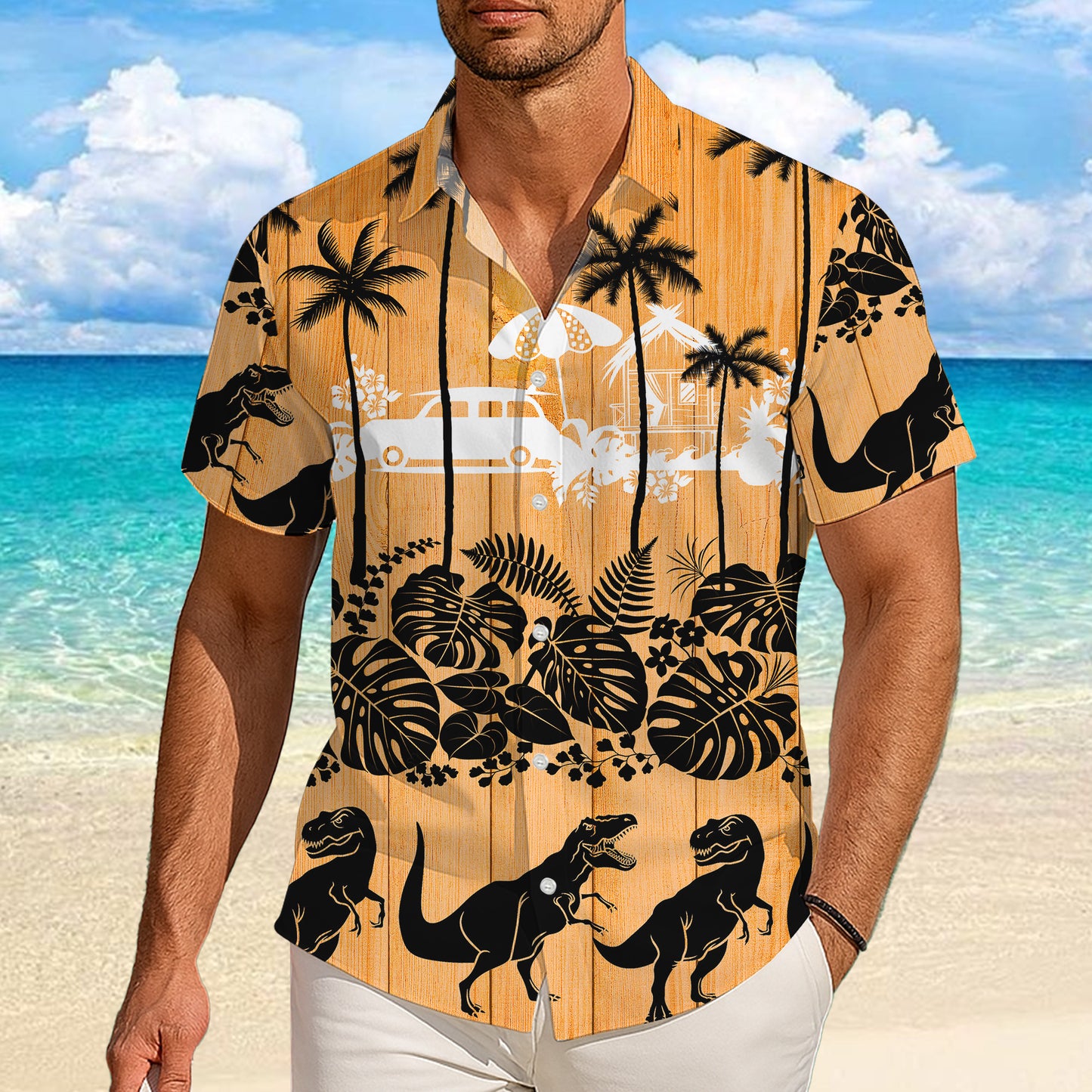 Orange Wood Dinosaur & Tropical Beach Silhouette Pattern Hawaiian Shirt Men
