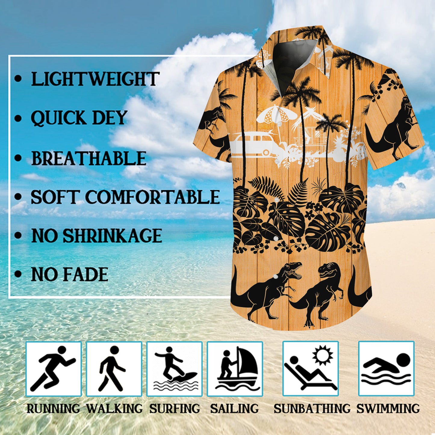 Orange Wood Dinosaur & Tropical Beach Silhouette Pattern Hawaiian Shirt Men