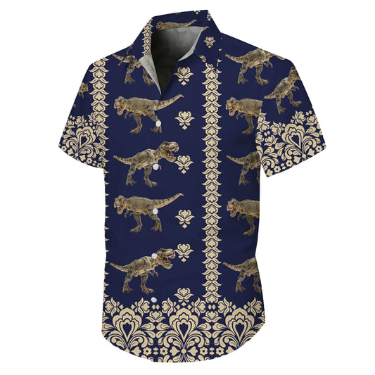 Navy & Gold Damask T-Rex Dinosaur Pattern Hawaiian Shirt Men Women Aloha