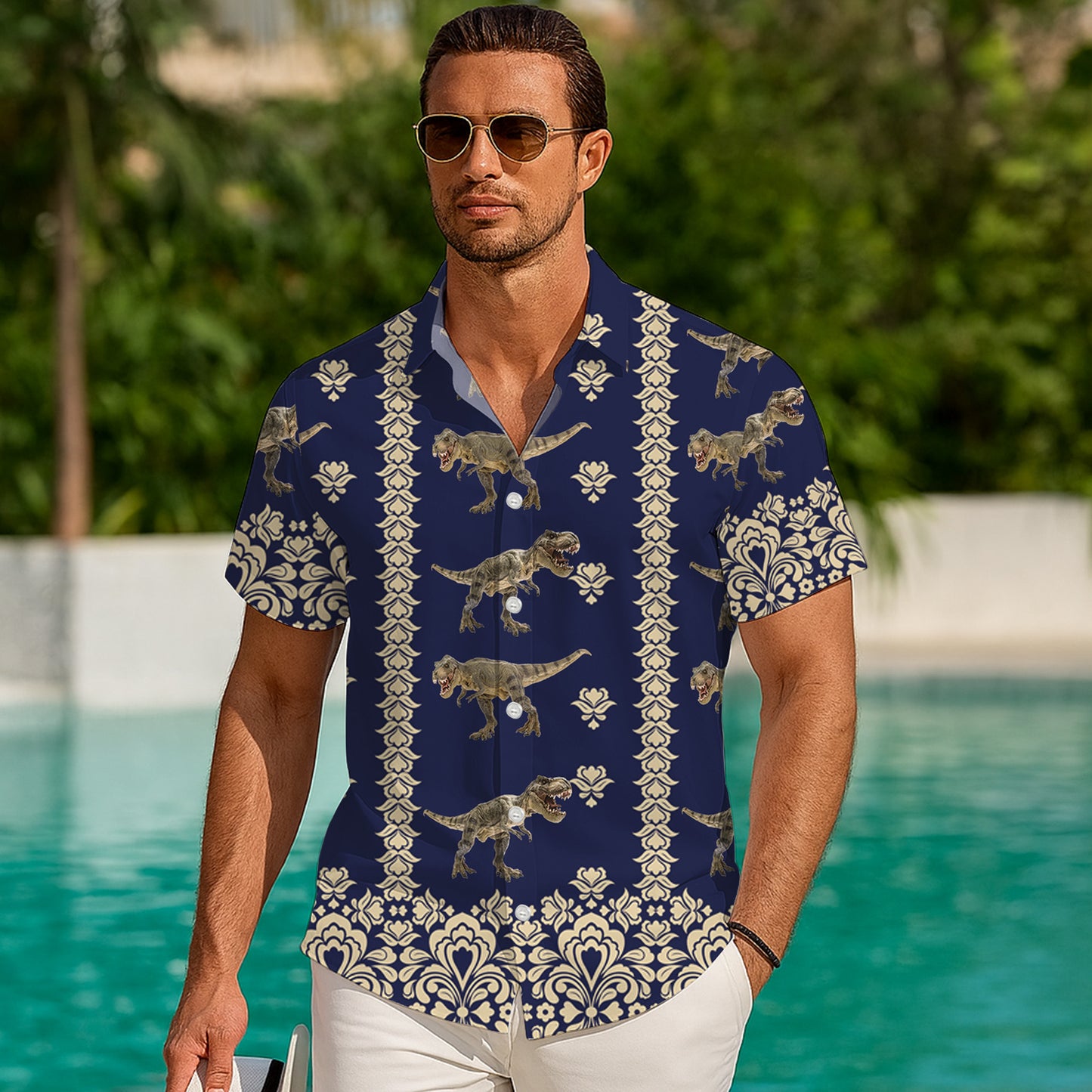 Navy & Gold Damask T-Rex Dinosaur Pattern Hawaiian Shirt Men Women Aloha