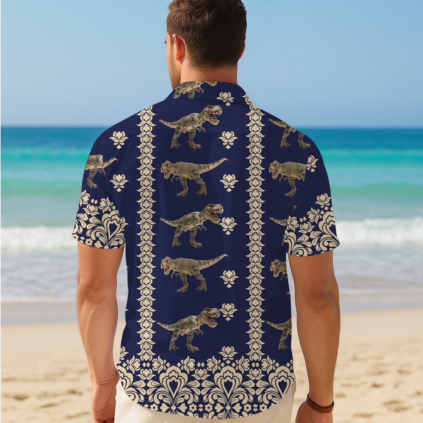 Navy & Gold Damask T-Rex Dinosaur Pattern Hawaiian Shirt Men Women Aloha
