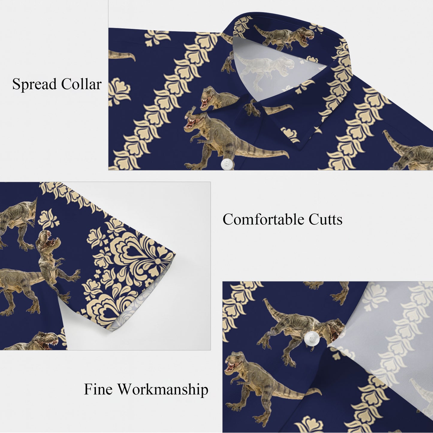 Navy & Gold Damask T-Rex Dinosaur Pattern Hawaiian Shirt Men Women Aloha