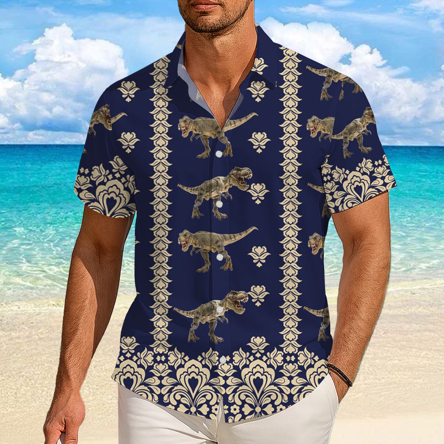 Navy & Gold Damask T-Rex Dinosaur Pattern Hawaiian Shirt Men Women Aloha