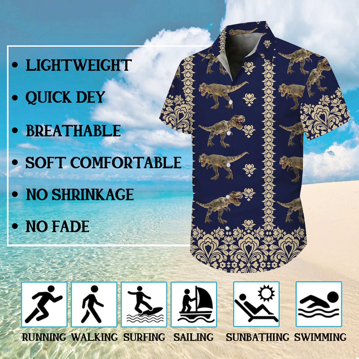 Navy & Gold Damask T-Rex Dinosaur Pattern Hawaiian Shirt Men Women Aloha