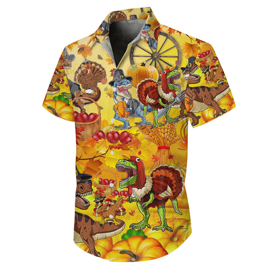 Thanksgiving Dinosaur Turkey & Pumpkin Pattern Hawaiian Shirt Men Women Aloha