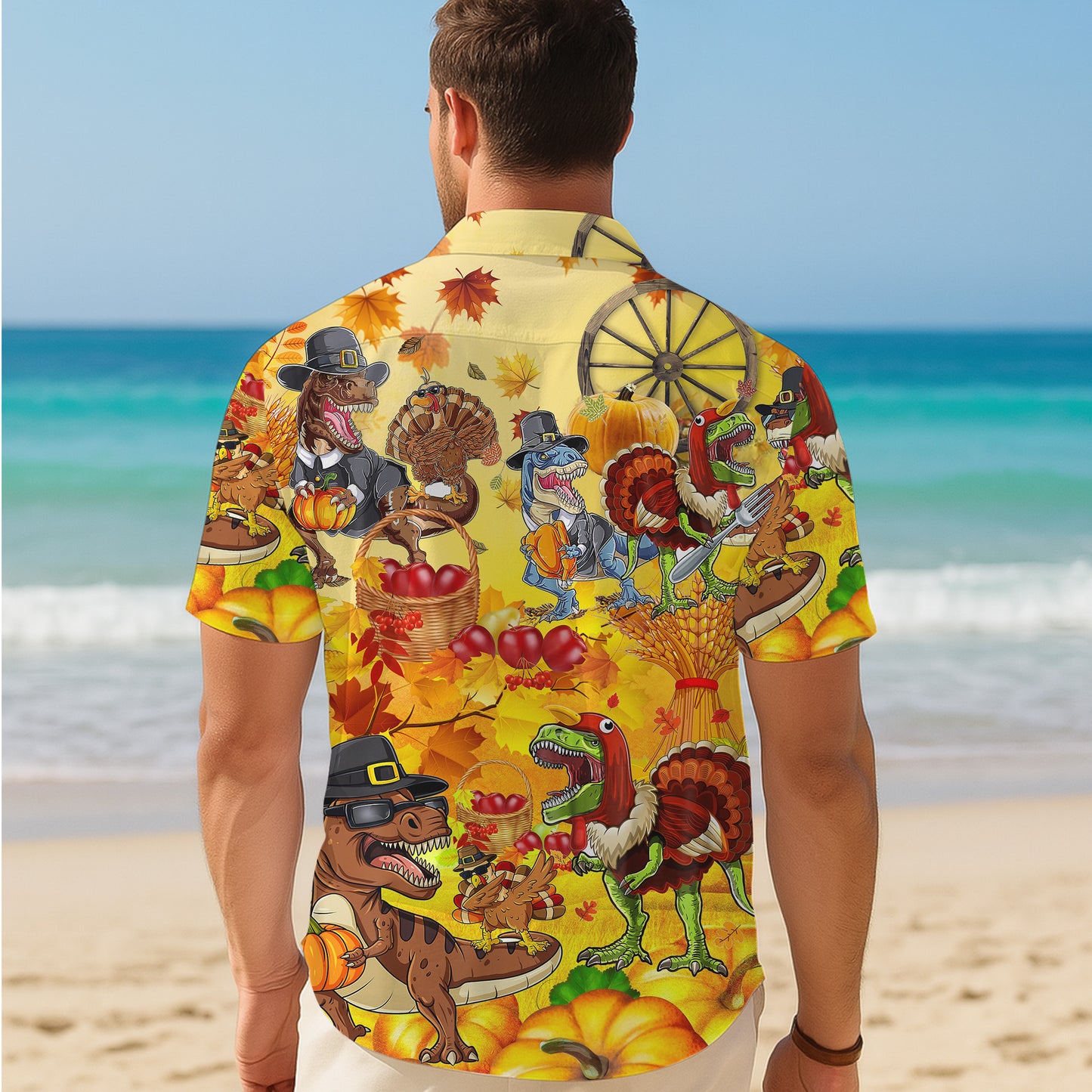 Thanksgiving Dinosaur Turkey & Pumpkin Pattern Hawaiian Shirt Men Women Aloha