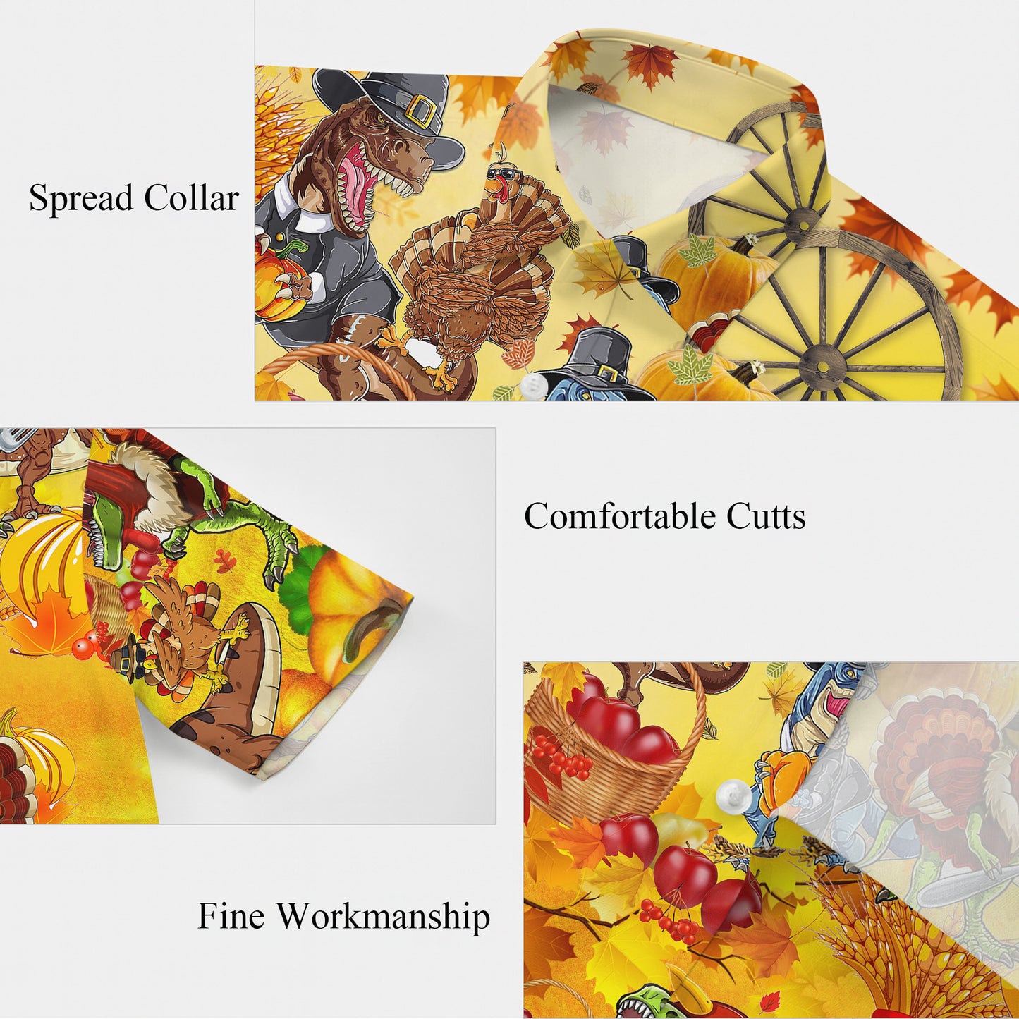 Thanksgiving Dinosaur Turkey & Pumpkin Pattern Hawaiian Shirt Men Women Aloha
