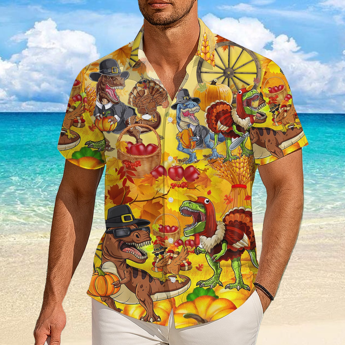 Thanksgiving Dinosaur Turkey & Pumpkin Pattern Hawaiian Shirt Men Women Aloha
