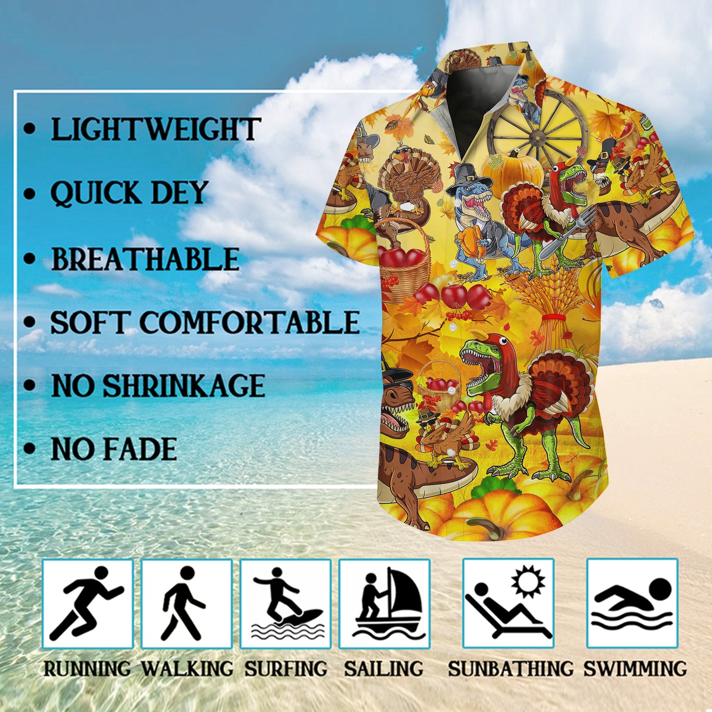 Thanksgiving Dinosaur Turkey & Pumpkin Pattern Hawaiian Shirt Men Women Aloha
