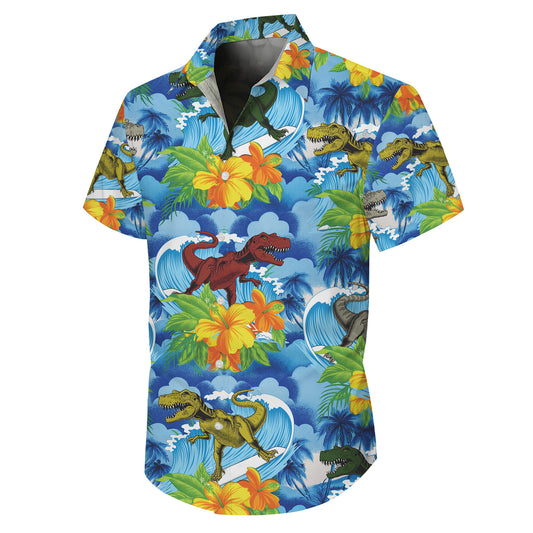 Surfing Dinosaur & Tropical Hibiscus Ocean Pattern Hawaiian Shirt Men Women