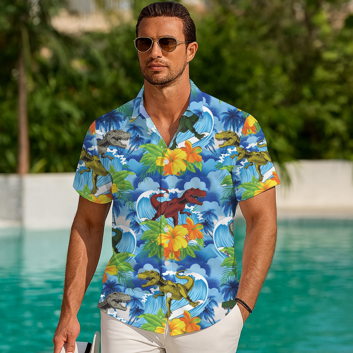 Surfing Dinosaur & Tropical Hibiscus Ocean Pattern Hawaiian Shirt Men Women
