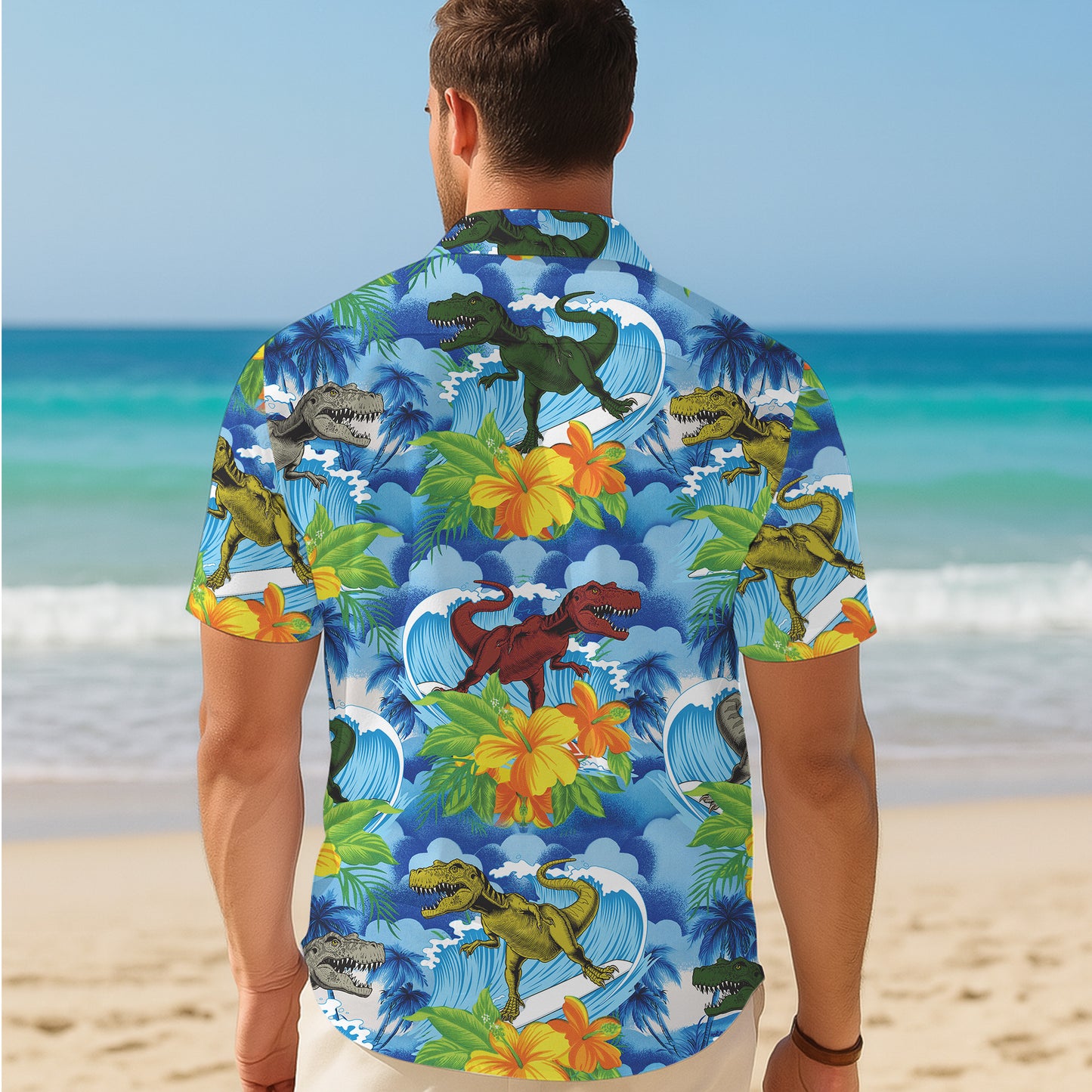 Surfing Dinosaur & Tropical Hibiscus Ocean Pattern Hawaiian Shirt Men Women