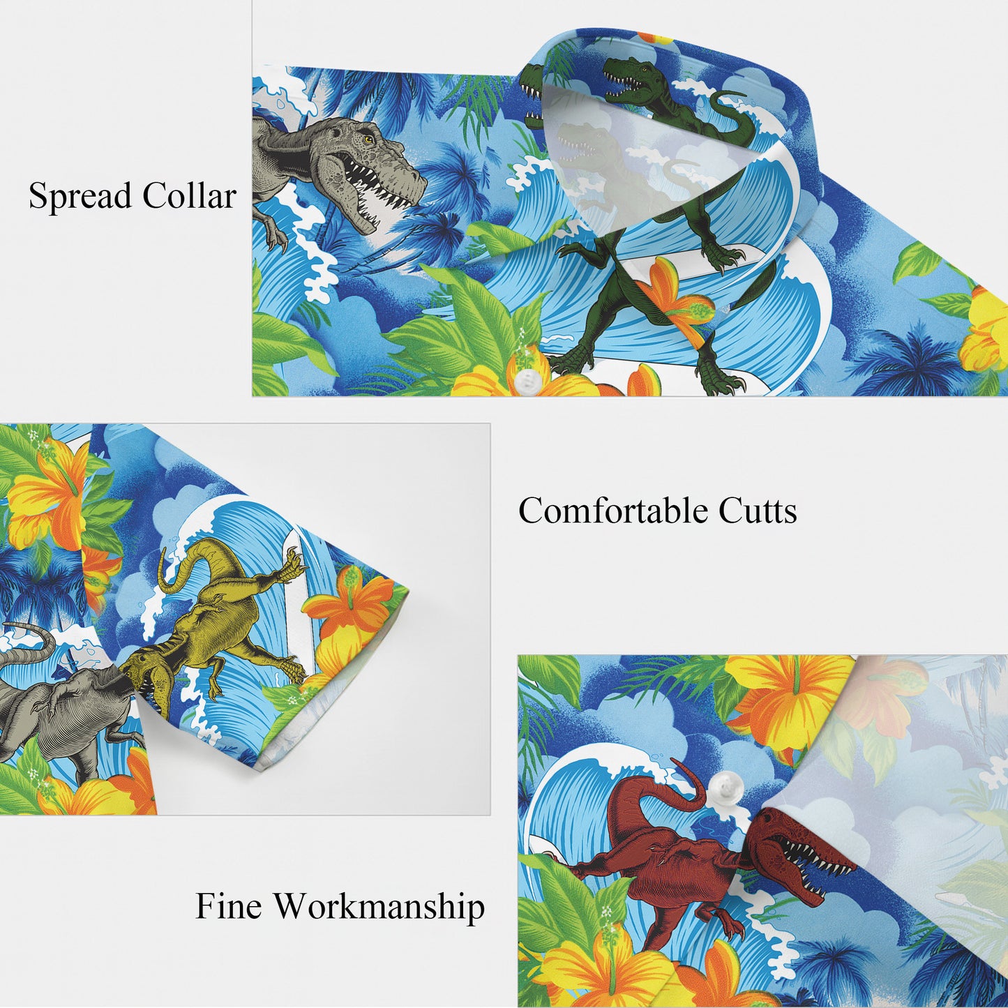 Surfing Dinosaur & Tropical Hibiscus Ocean Pattern Hawaiian Shirt Men Women