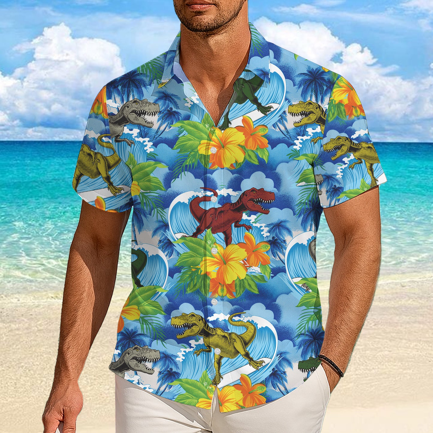 Surfing Dinosaur & Tropical Hibiscus Ocean Pattern Hawaiian Shirt Men Women
