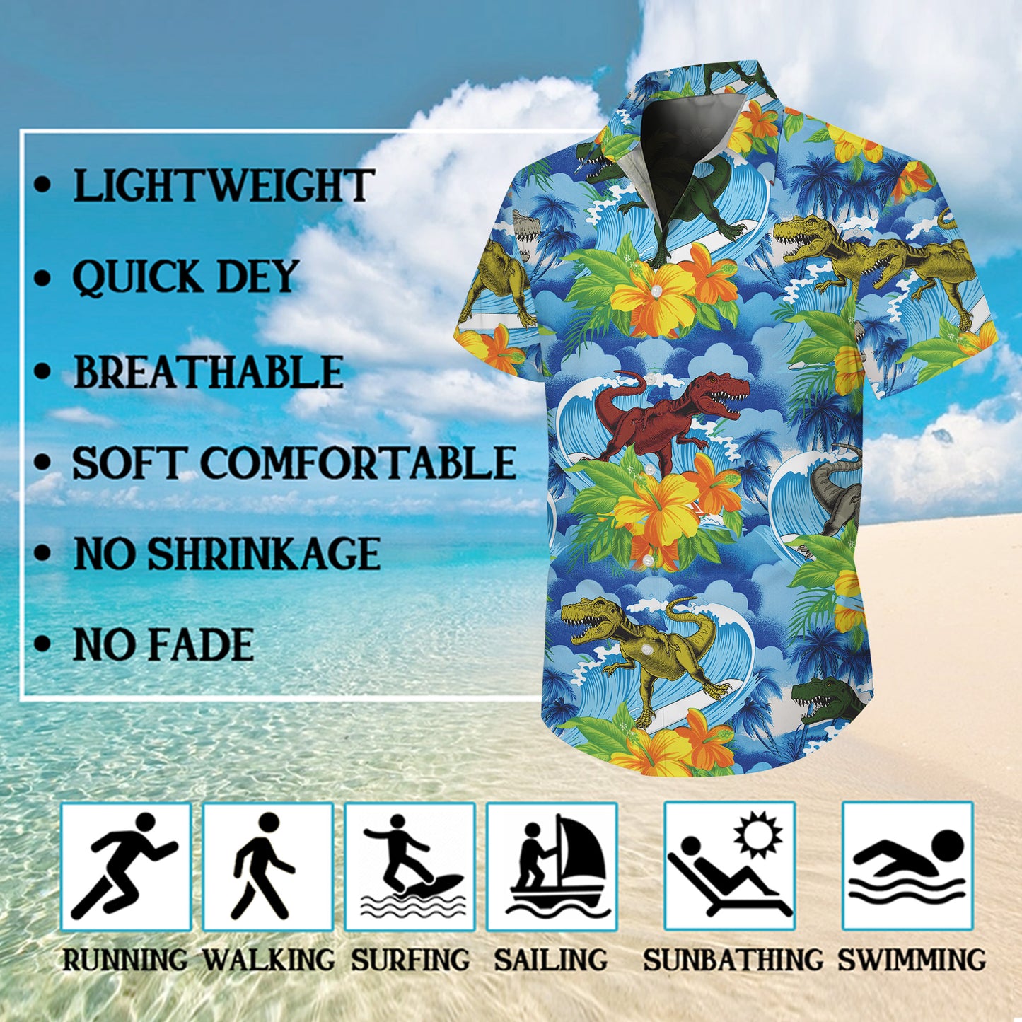 Surfing Dinosaur & Tropical Hibiscus Ocean Pattern Hawaiian Shirt Men Women