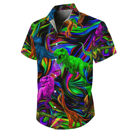 Colorful Dinosaur Abstract Swirl Pattern Hawaiian Shirt Men Women Casual Aloha