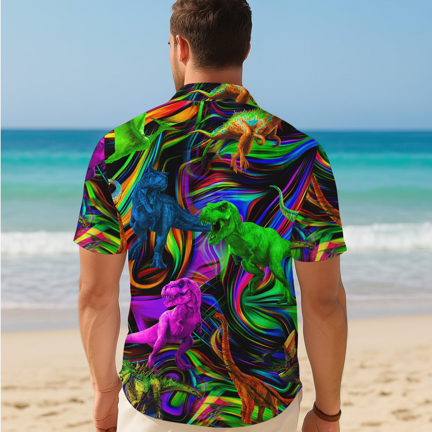 Colorful Dinosaur Abstract Swirl Pattern Hawaiian Shirt Men Women Casual Aloha