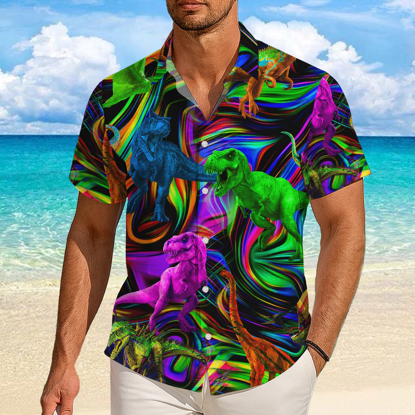 Colorful Dinosaur Abstract Swirl Pattern Hawaiian Shirt Men Women Casual Aloha