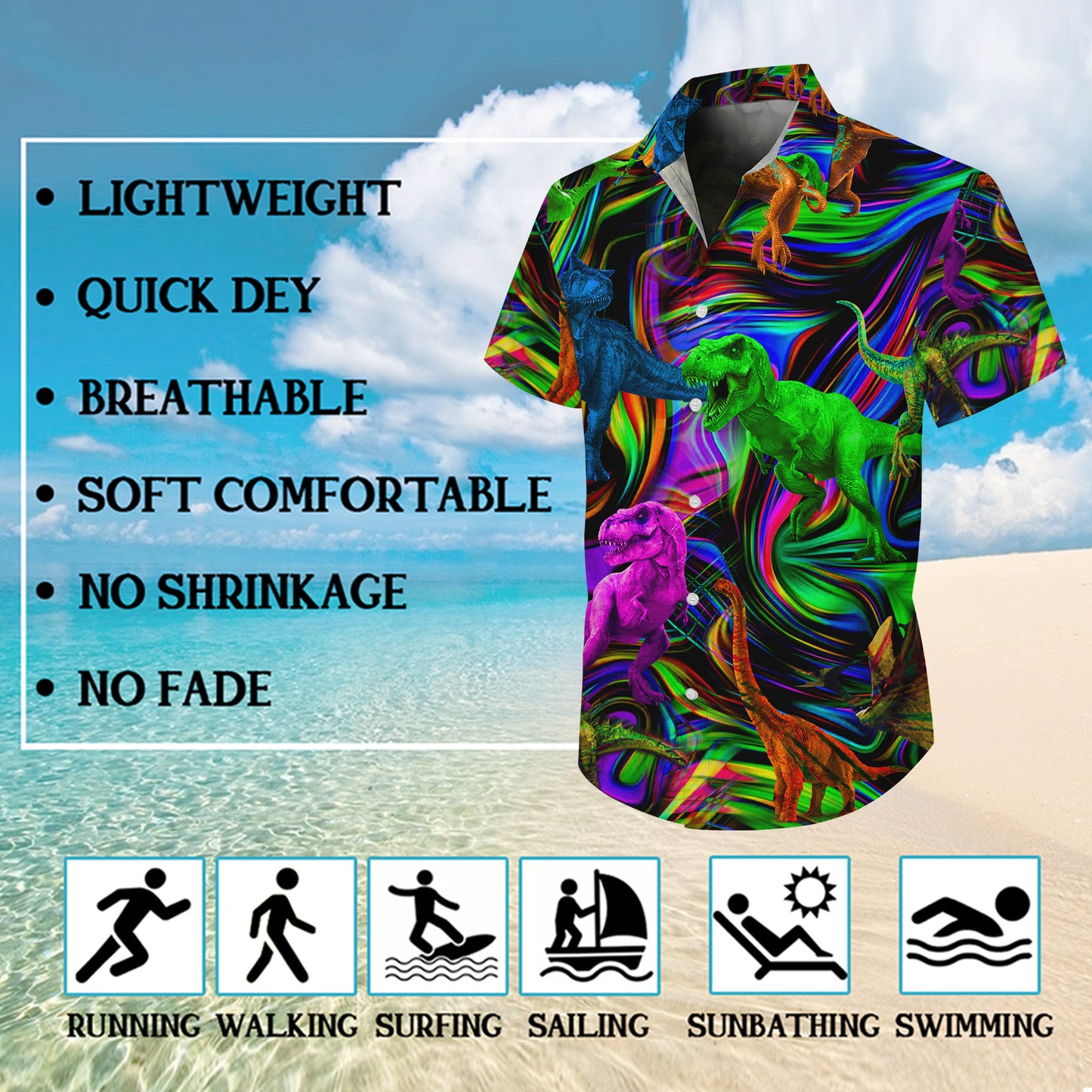 Colorful Dinosaur Abstract Swirl Pattern Hawaiian Shirt Men Women Casual Aloha