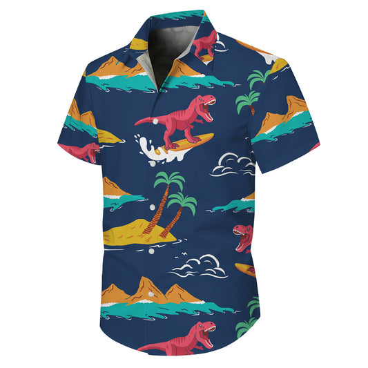 Surfing T-Rex Dinosaur Tropical Beach Ocean Pattern Hawaiian Shirt Men Women