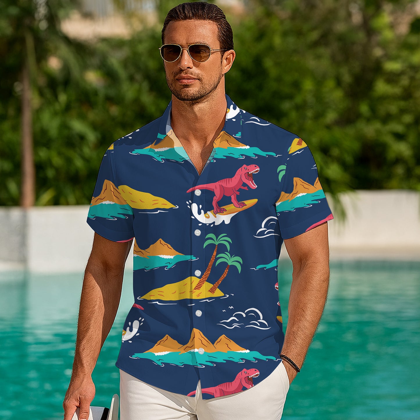 Surfing T-Rex Dinosaur Tropical Beach Ocean Pattern Hawaiian Shirt Men Women